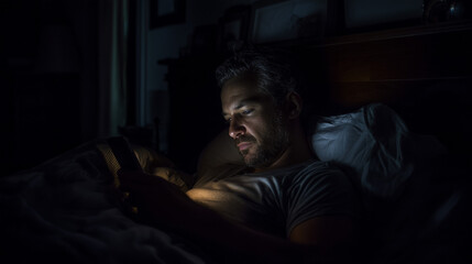 Obraz premium Man Scrolling Smartphone in Bed at Night Illuminated by Screen Light