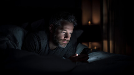 Fototapeta premium Man Scrolling Smartphone in Bed at Night Illuminated by Screen Light