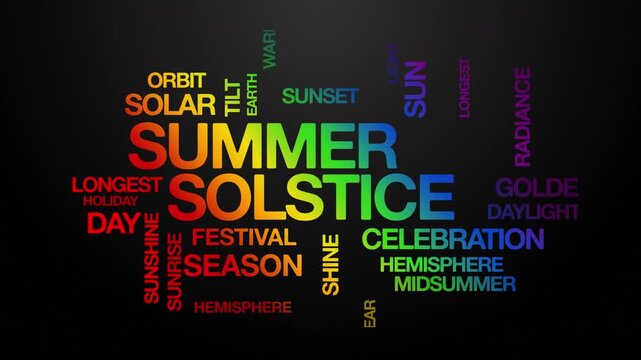 summer solstice concept Animated Tag Word Cloud kinetic typography, Text Design Animation typography seamless loop video motion graphics Intro Wordart tagcloud rainbow type on black background bg back