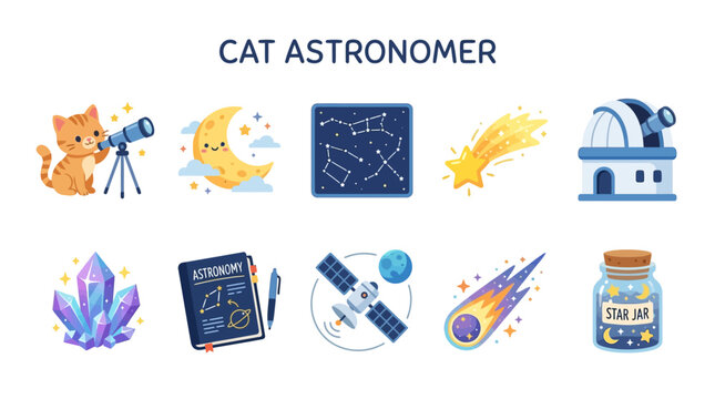 Cute cat vector illustration of an adorable feline astronomer exploring space with telescope