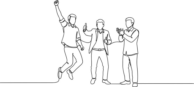 Three men celebrating success with jumping and applause, continuous line drawing