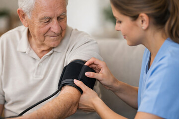 Fototapeta premium Nurse measuring blood pressure of senior man at home, elderly healthcare and medical support concept.