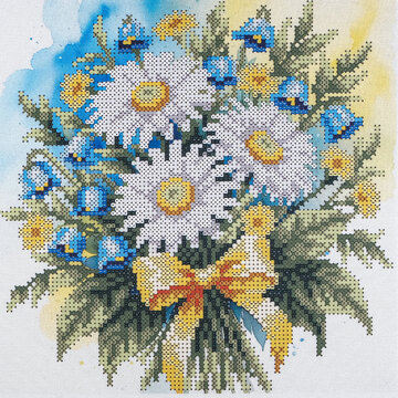 Fabric canvas with a printed floral pattern designed for bead embroidery or cross stitch. Decorative bouquet composition prepared for handmade needlework projects.