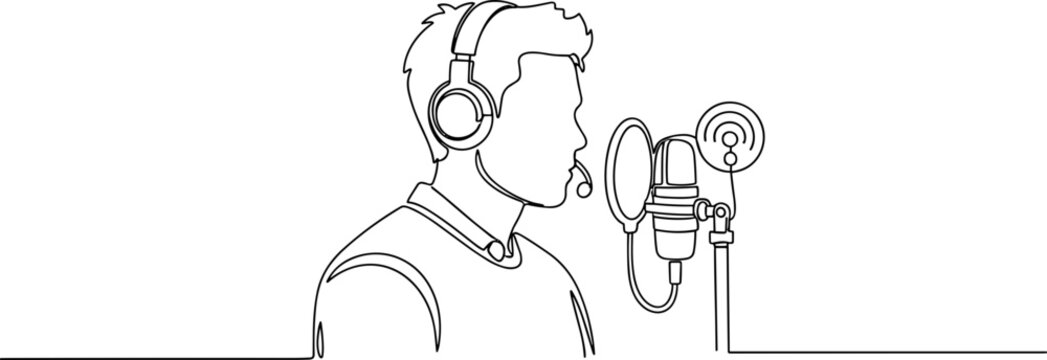 Minimalist singer with headphones recording into a studio microphone, line art style