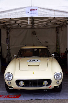 Ferrari 250 GT SWB parked in the paddock at Spa circuit showcasing timeless Italian design, racing heritage, and classic motorsport on May 24, 2025 in Francorchamps, Belgium.