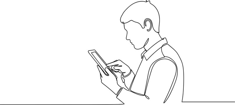 Minimalist Line Art Man Typing on Tablet Computer Screen