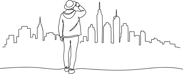 Obraz premium Man in Hat Looking at City Skyline - Minimalist Line Art