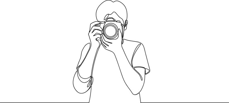 Minimalist line art of a person holding a camera, shooting a photo. Photography concept.