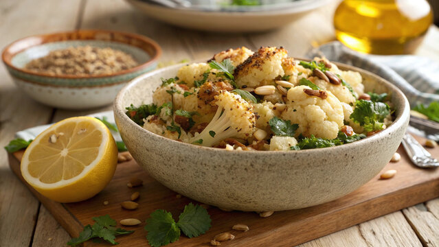 Photorealistic rustic table food scene roasted cauliflower tabbouleh stone bowl farmhouse styling warm daylight editorial composition