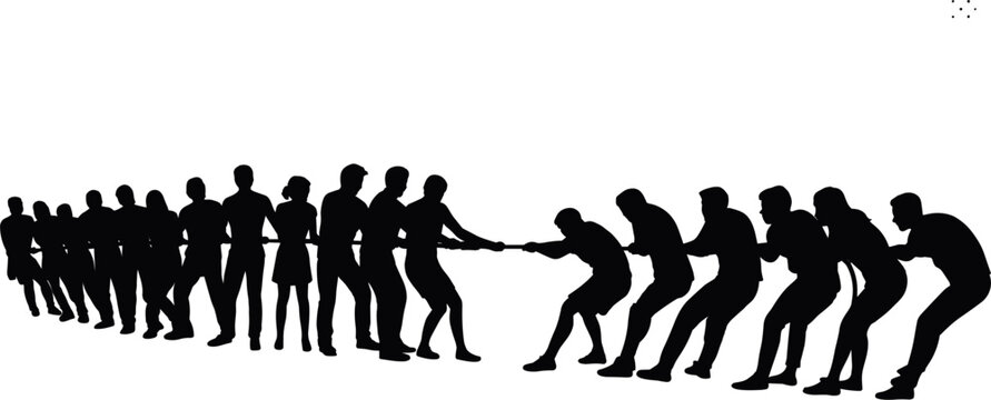 Silhouette of two teams pulling a rope in a tug of war competition Keywords: tug of war, rope, pulling, competition, sport, game, team