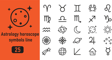 Set of 25 astrology and horoscope line icons, zodiac signs, celestial bodies, planets and astronomical symbols for web and mobile design © Top Stock