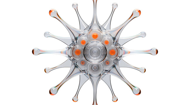 Transparent geometric virus structure with orange cores and radial spokes radiating symmetrical pattern, high tech bio sculpture with glossy