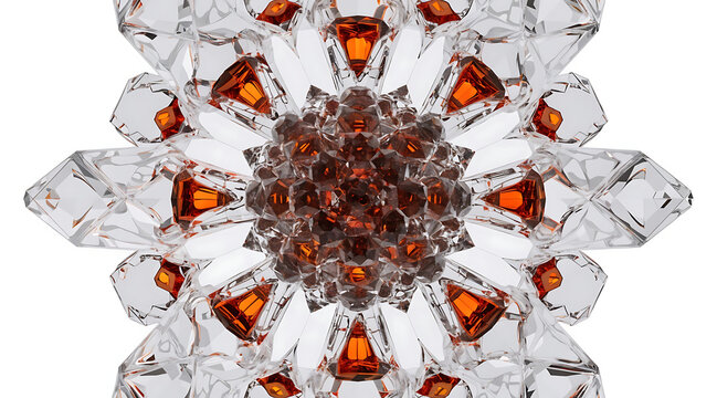 Crystal geometric mandala with amber accents, symmetrical faceted glass pattern creating reflective abstract flower composition, elegant