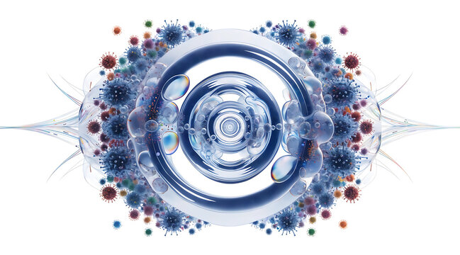 Floating holographic medical interface with micros virus particles and glassy circular sensor, futuristic laboratory visualization of infection