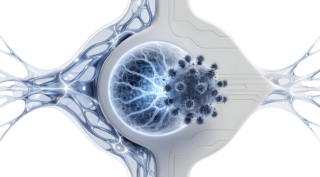 Futuristic immunity controller device with glow, neural network sphere, viral particle cluster, medical technology visualization, blue light