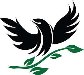 Fototapeta premium Flying bird logo design with green leaf branch vector illustration