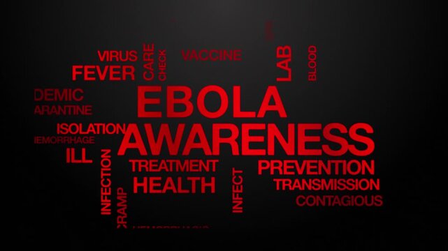 Ebola awareness concept Animated Tag Word Cloud kinetic typography, Text Design Animation typography seamless loop video motion graphics Intro Wordart tagcloud red type on black background bg backdrop