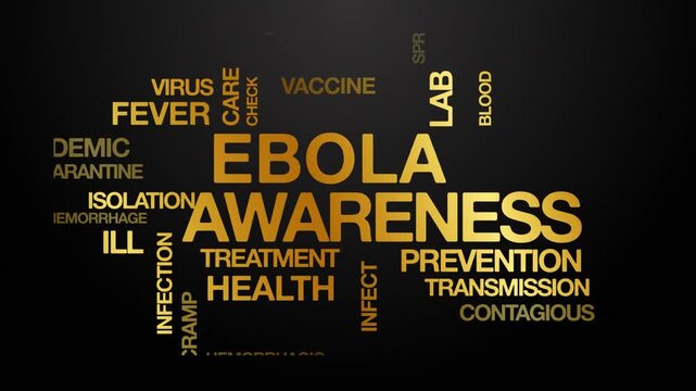 Ebola awareness concept Animated Tag Word Cloud kinetic typography, Text Design Animation typography seamless loop video motion graphics Intro Wordart tagcloud golden type on black background bg backd