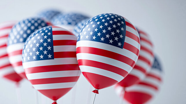 Close-up of balloons with Stars and Stripes floating on a white background, patriotic balloon concept, star and stripe photography, celebration decoration visualization, with copy