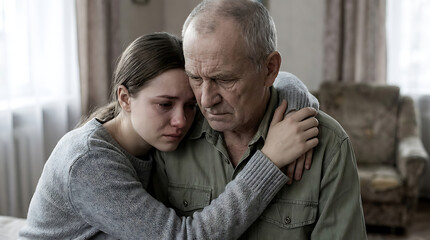 Fototapeta premium A young woman comforts an elderly man in a warm embrace indoors