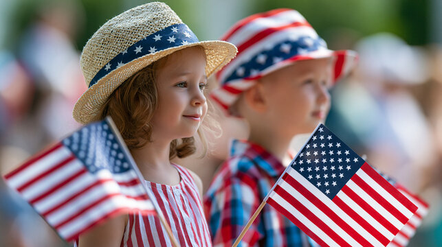 Close-up of cute American kids watching a Fourth of July parade, parade concept, children parade photography, patriotic kids visualization, defocused background, with copy space