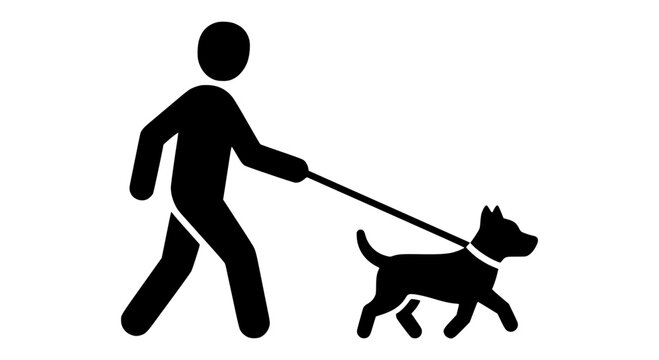 Black silhouette of a person walking a dog, isolated on a transparent background. Perfect for pet care signage.