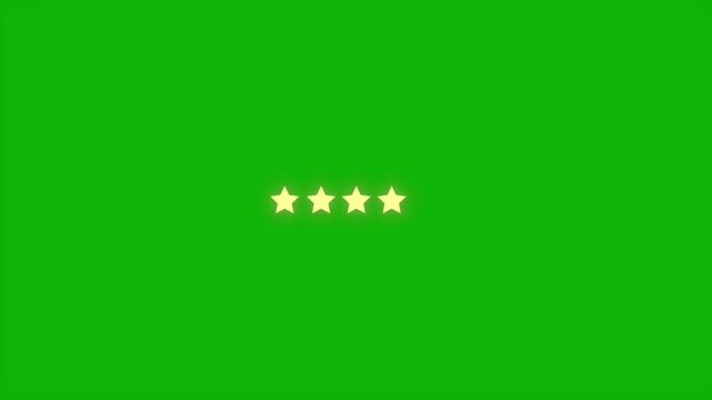 Glowing five star icon animation on chroma key green screen background for digital product rating website review mobile application score user feedback level badge.