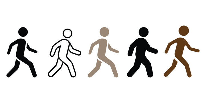 Set of five different human silhouette icons representing various types of walking people.