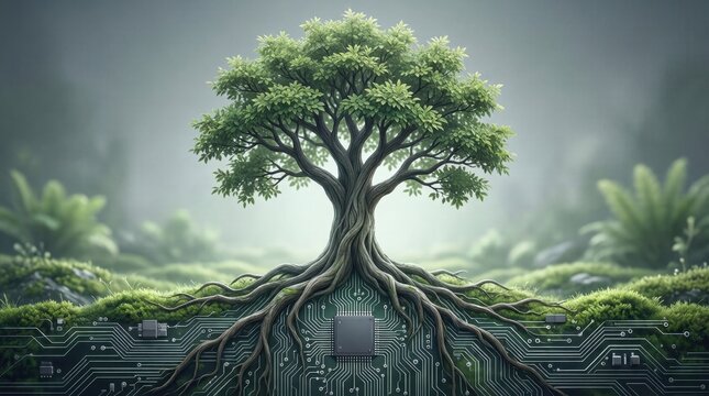 Tree with roots intertwined into electronic circuit landscape