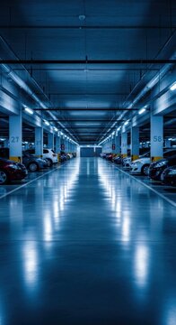 Modern Underground Parking Garage with Reflective Floor and Bright Lights.