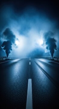 Mysterious Foggy Road at Night with Smoke Plumes.