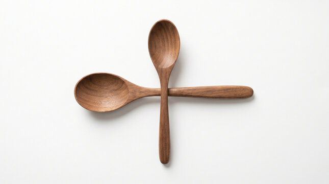 Minimalist studio shot capturing two natural wooden spoons elegantly crossed on a bright, pristine white surface