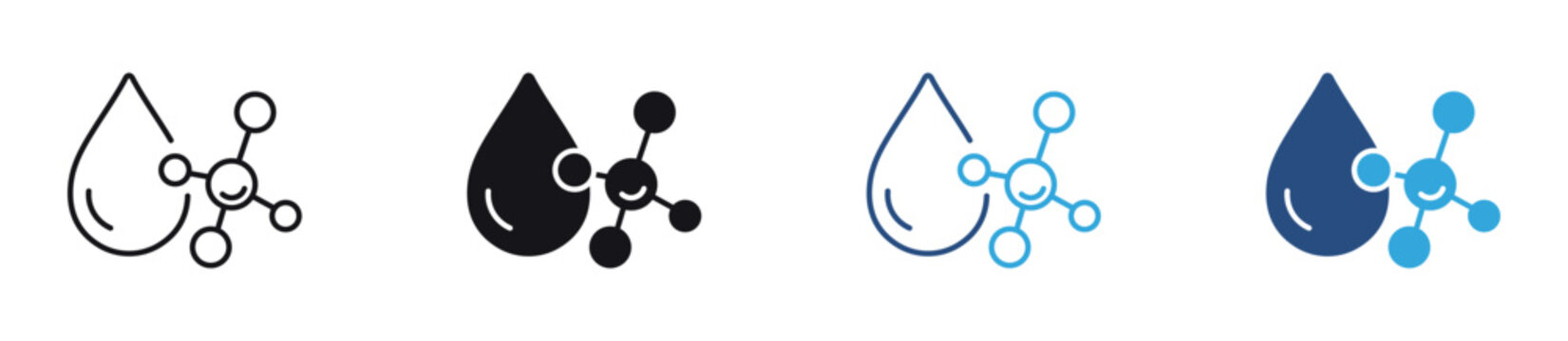 Water molecule icon set. Concept of hydration, chemistry, molecular structure, clean water, science, and healthcare. Vector illustration.