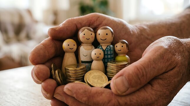 Hands holding wooden family figures and coins financial security concept