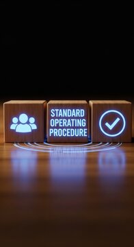 Standard Operating Procedure Cubes with Icons Representing Teamwork and Approval.