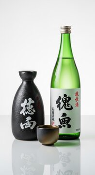 Traditional Japanese Sake Set with Bottle and Ceramic Decanter.