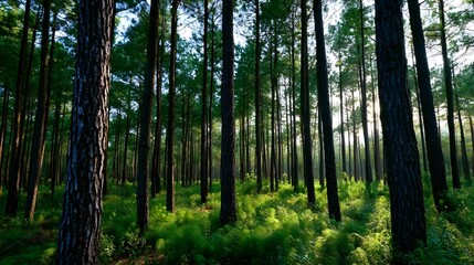 Fototapeta premium Tall pine trees create an atmospheric and serene forest landscape bathed in crisp natural light