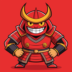 Obraz premium Cartoon Samurai warrior with fierce grin during a battle against red background