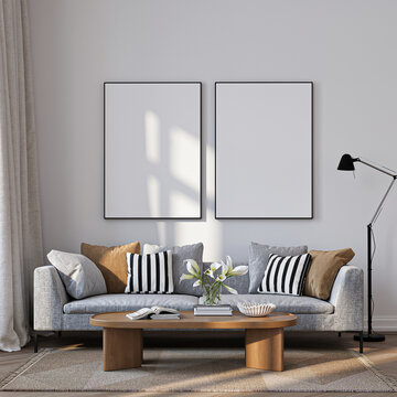 Modern Living Room Poster Frame Mockup with Natural Light and Minimalist Decoration. 3D render.