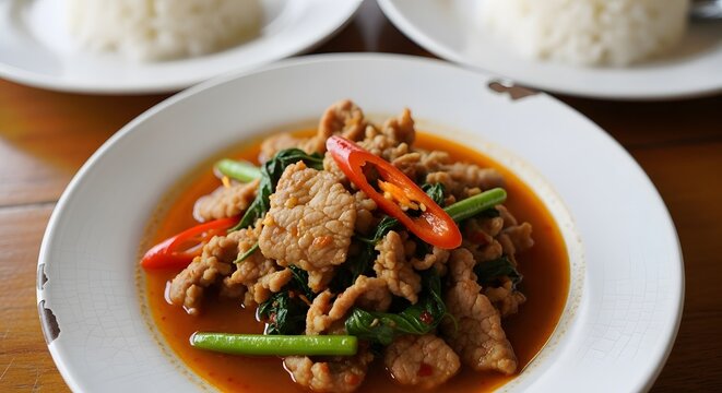 Thai stir fried pork with holy basil and chili pad krapow moo