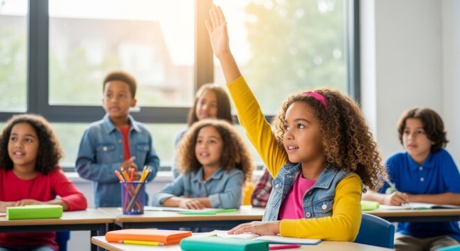 Diverse elementary student raises hand enthusiastically in a bright, engaging classroom, eager to participate in learning.