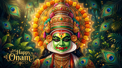 Fototapeta premium Majestic Kathakali portrait with peacock feathers for Onam festival greeting and cultural celebration