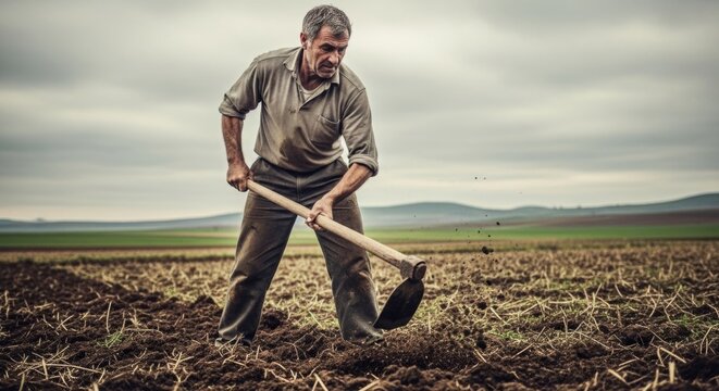 Dedicated farmer tilling rich soil with a hoe in a vast open field under dramatic overcast skies, symbolizing hard work and agricultural tradition.
