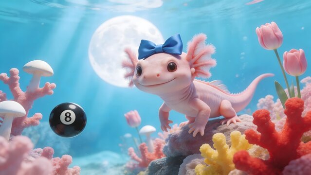 Underwater axolotl with bow and moon