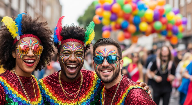 Joyful people with colorful face paint and feathered headwear at a vibrant festival, symbolizing celebration, diversity, and cultural expression.