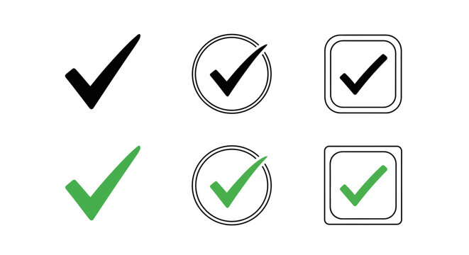 Collection of checkmark icons in black and green, signifying completion, approval, and agreement, suitable for various digital and print applications