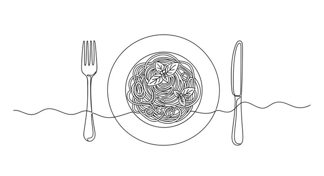 Elegant Continuous Line Art Illustration of a Delectable Pasta Dish with Fresh Basil, Fork, and Knife, Symbolizing Simple and Refined Dining