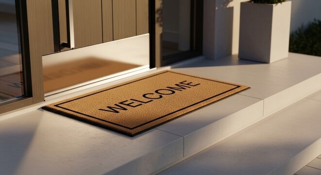 Modern welcome doormat at chic home entrance with warm morning light, inviting hospitality for real estate and property.