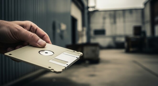 Hand presenting a vintage 3.5-inch floppy disk against an industrial background, evoking nostalgia and data storage history.