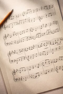 Sheet music with musical notes and symbols on aged paper, pencil resting on top, showcasing a classical composition for piano or other instruments